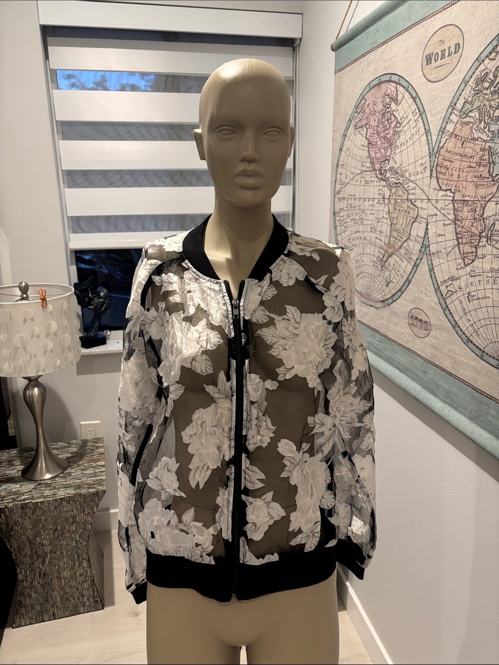 Mustard Seed Black Sheer Bomber Jacket with White Floral Embroidery
